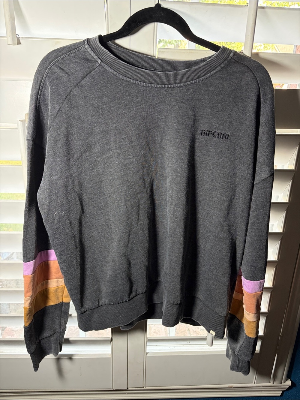 Rip Curl Women's Charcoal Crewneck Sweater with Colorblock Sleeves